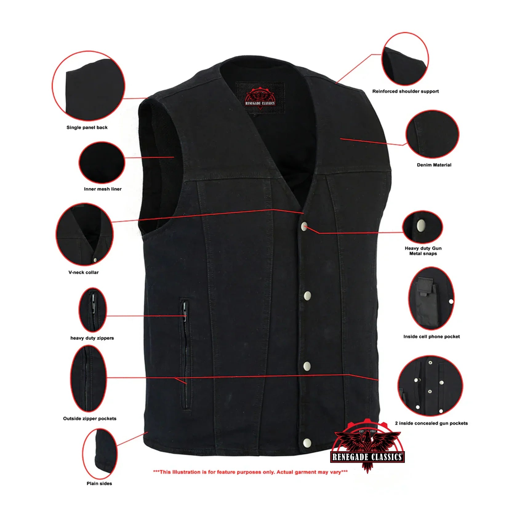 Men's Black Plain sides Denim Motorcycle Vest –  Heavy Snaps