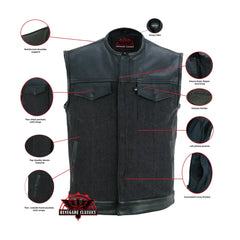Men's Leather-Denim Combo Motorcycle  Vest - No Collar