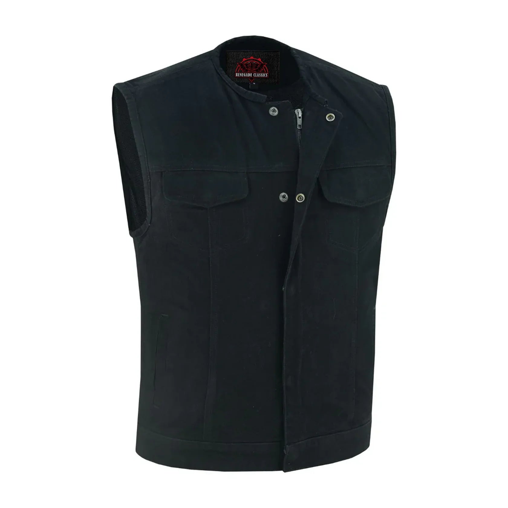 Mens Black Denim Motorcycle Vest with Concealed Snaps & Zipper