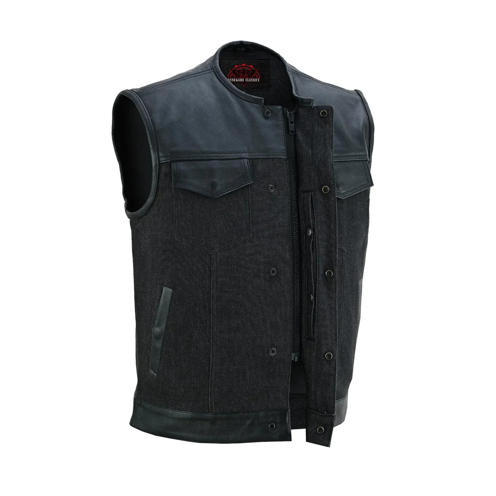 Men's Leather-Denim Combo Motorcycle  Vest - No Collar