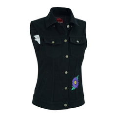 Women's Black Denim Snap Front Vest with Purple Daisy