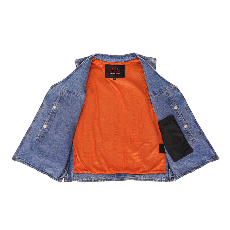 Men's Blue Denim Motorcycle Vest with Lace & Pockets
