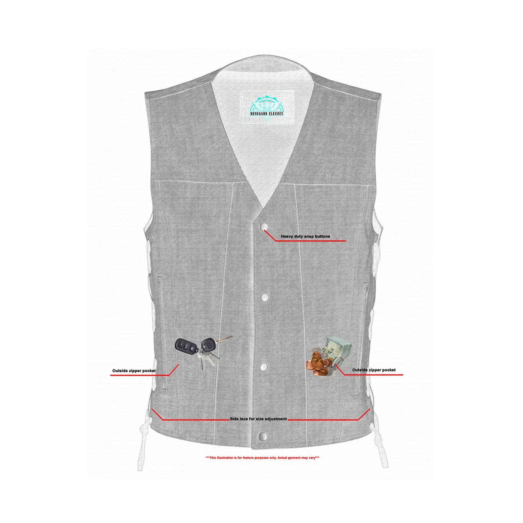 Men's Rough Rub-Off Raw Finish Broken Gray Denim Vest