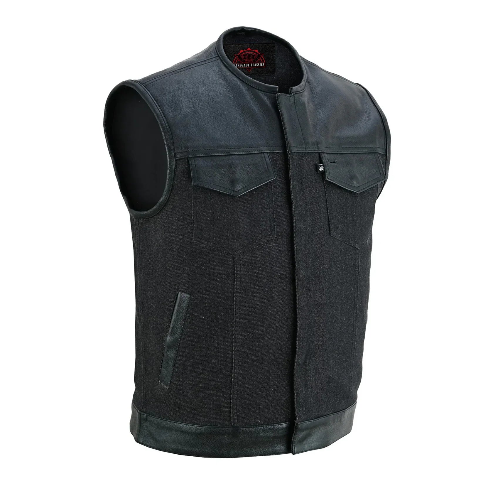 Men's Leather-Denim Combo Motorcycle  Vest - No Collar