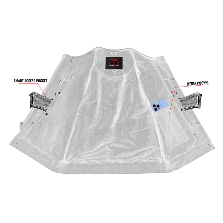 Men's Leather-Denim Combo Motorcycle  Vest - No Collar