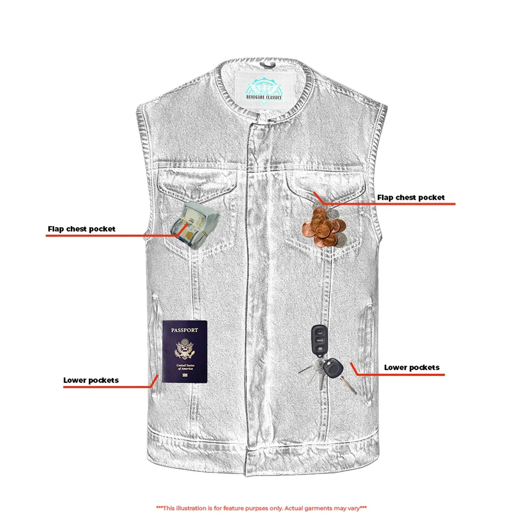 Mens Blue Denim Motorcycle Vest with Concealed Snaps & Zipper