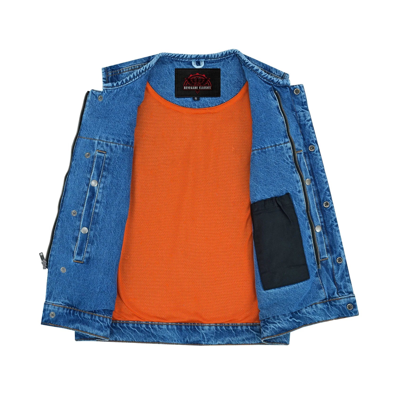 Mens Blue Denim Motorcycle Vest with Concealed Snaps & Zipper