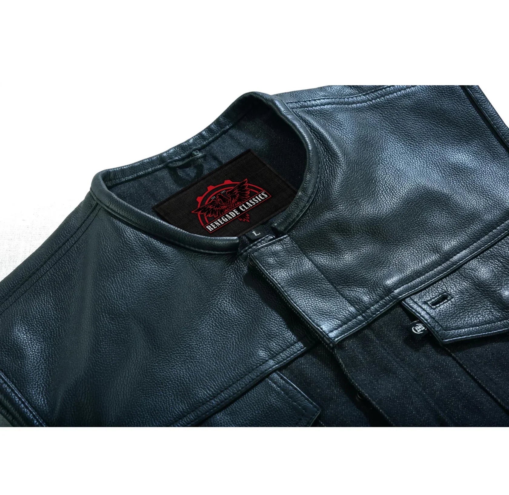 Men's Leather-Denim Combo Motorcycle  Vest - No Collar
