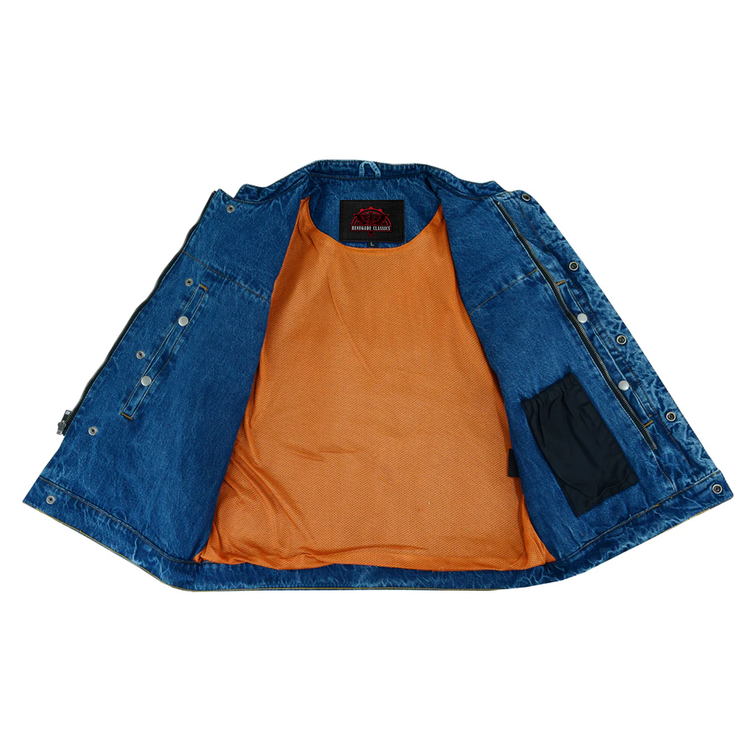 Men's Blue Denim Motorcycle Vest with Lace & Pockets