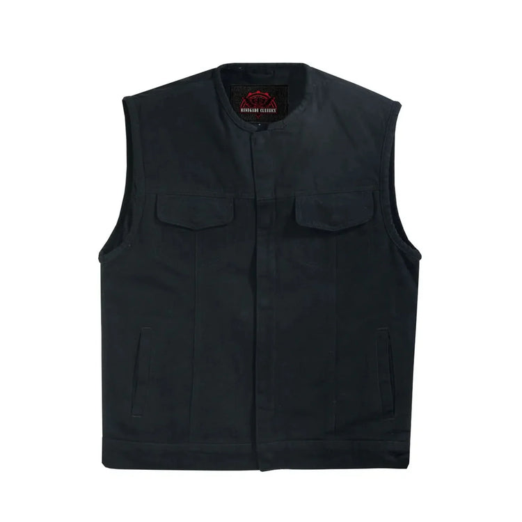 Mens Black Denim Motorcycle Vest with Concealed Snaps & Zipper