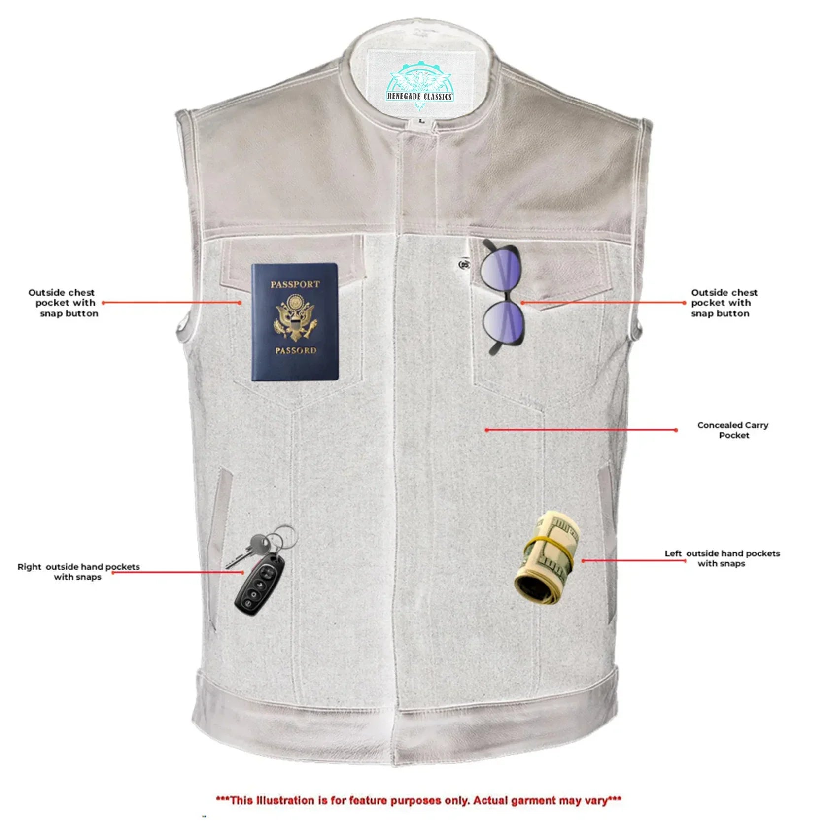 Men's Leather-Denim Combo Motorcycle  Vest - No Collar