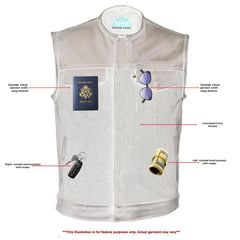 Men's Leather-Denim Combo Motorcycle  Vest - No Collar