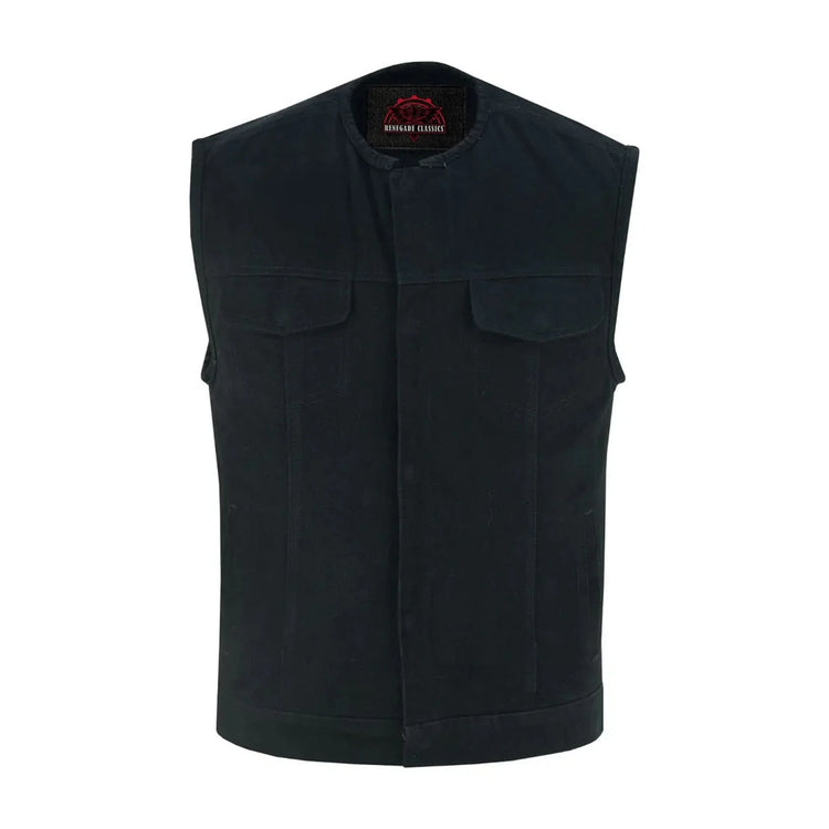 Mens Black Denim Motorcycle Vest with Concealed Snaps & Zipper