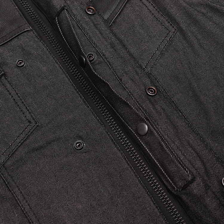 Men's Leather-Denim Combo Motorcycle  Vest - No Collar