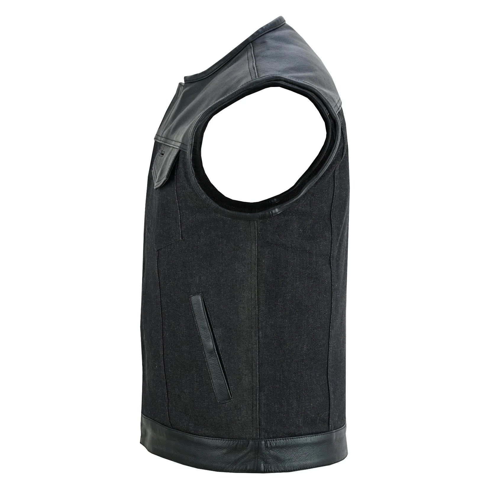 Men's Leather-Denim Combo Motorcycle  Vest - No Collar