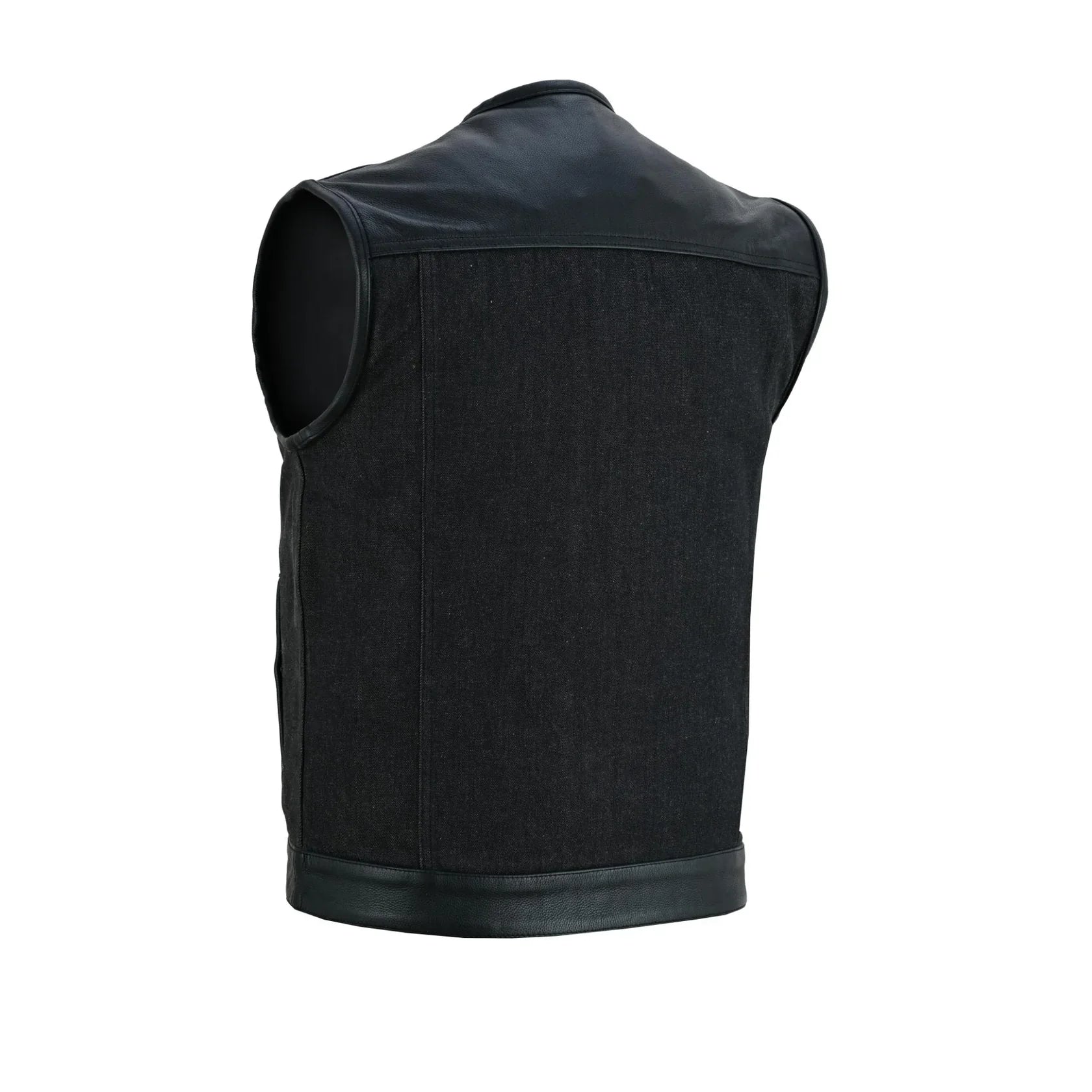 Men's Leather-Denim Combo Motorcycle  Vest - No Collar