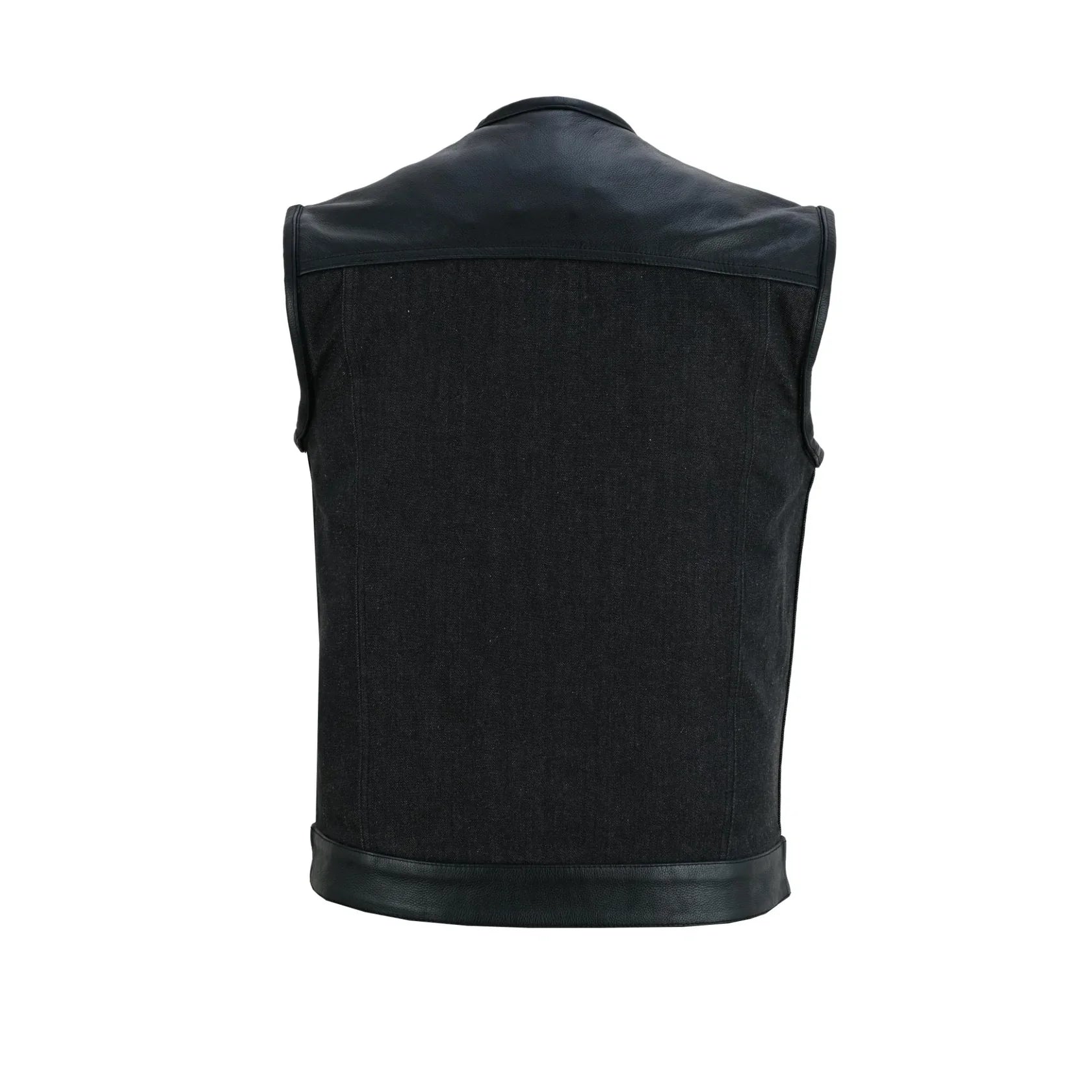Men's Leather-Denim Combo Motorcycle  Vest - No Collar