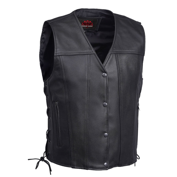 Clubster Men's Black Milled Cowhide Side Lace Motorcycle Leather Vest