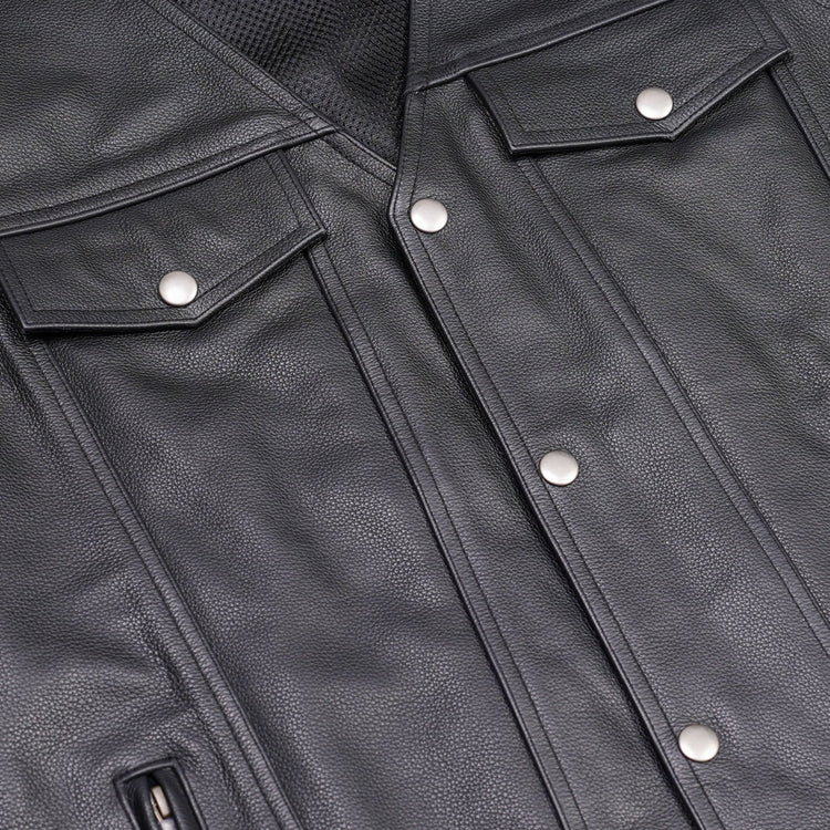 Men's Black Leather Vest with Side Laces and Smart Access Pockets