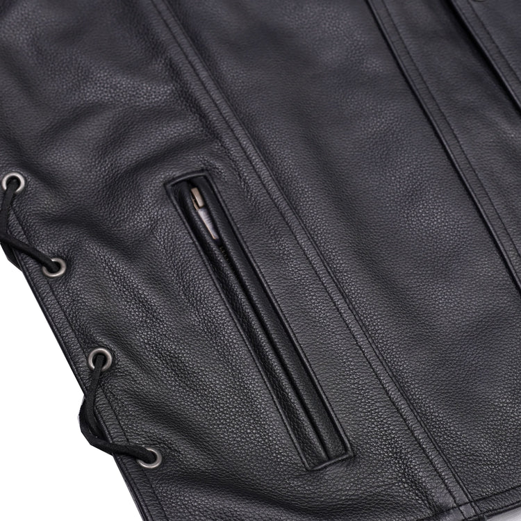 Men's Black Leather Vest with Side Laces and Smart Access Pockets