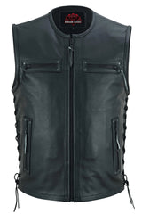 Men's Zipper Front Black Leather Motorcycle Vest