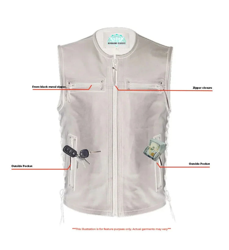 Men's Zipper Front Black Leather Motorcycle Vest