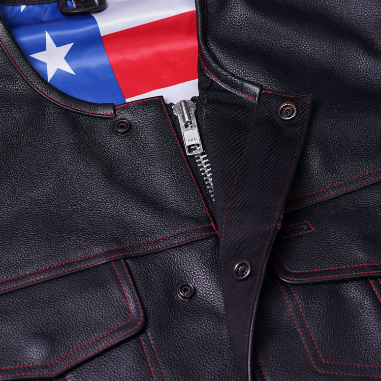 Men's Banded Collar leather Vest with USA Flag Lining & Red Stitching
