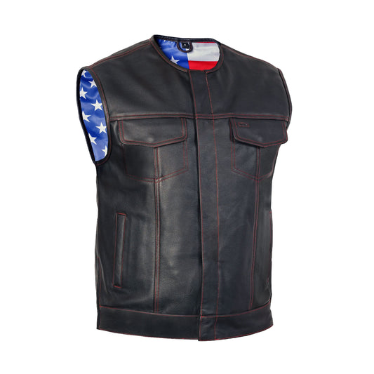 Men's Banded Collar leather Vest with USA Flag Lining & Red Stitching
