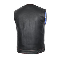 Men's Banded Collar leather Vest with USA Flag Lining & Red Stitching