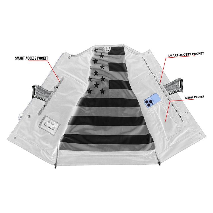 Men's Banded Collar leather Vest with USA Flag Lining & Red Stitching