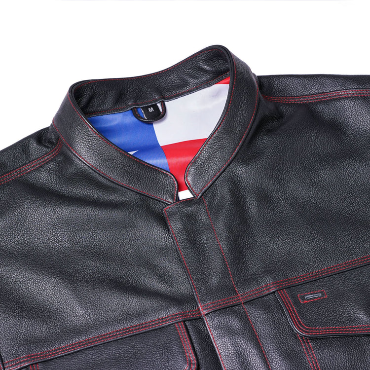 Mens's Leather Motorcycle Vest with Scoop Collar & USA Flag