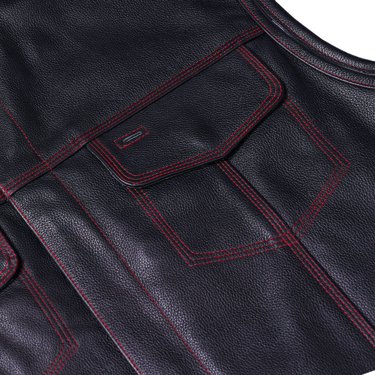 Mens's Leather Motorcycle Vest with Scoop Collar & USA Flag