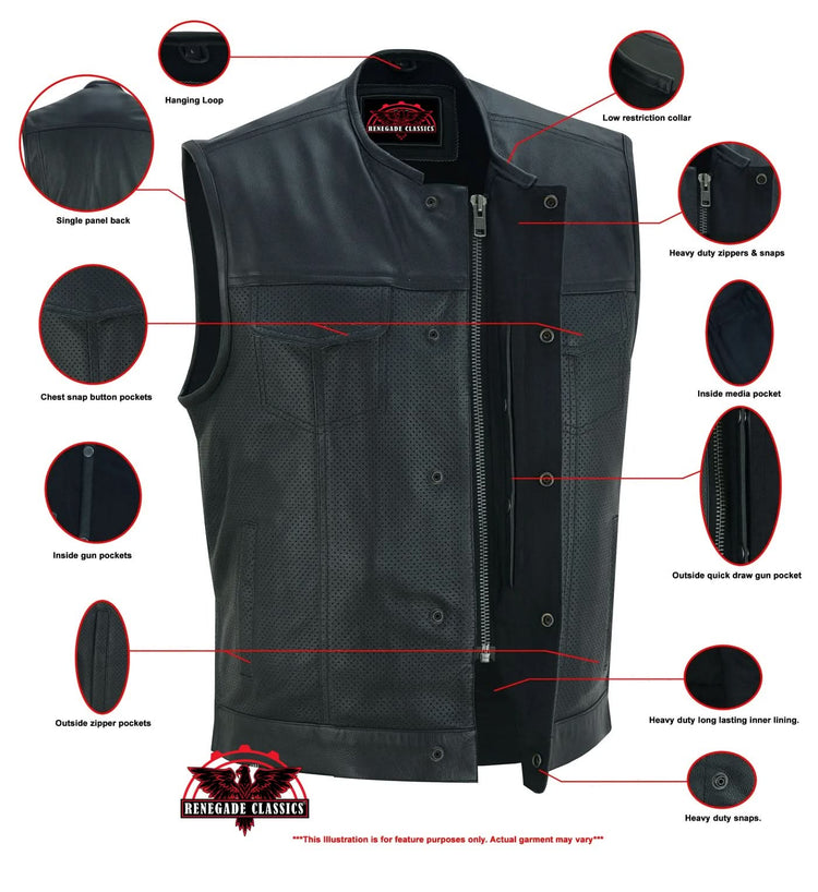 Men's Collarless Perforated Leather Vest - Black