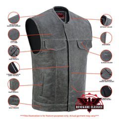 Men's Distressed Gray Cowhide Leather  Motorcycle Vest