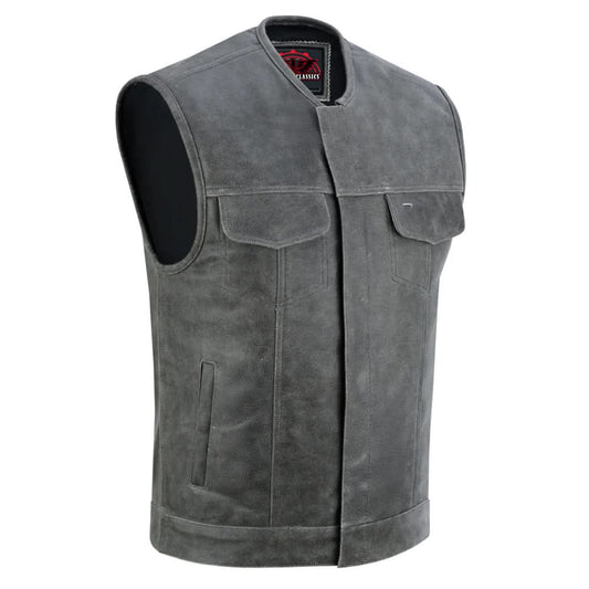 Men's Distressed Gray Cowhide Leather  Motorcycle Vest