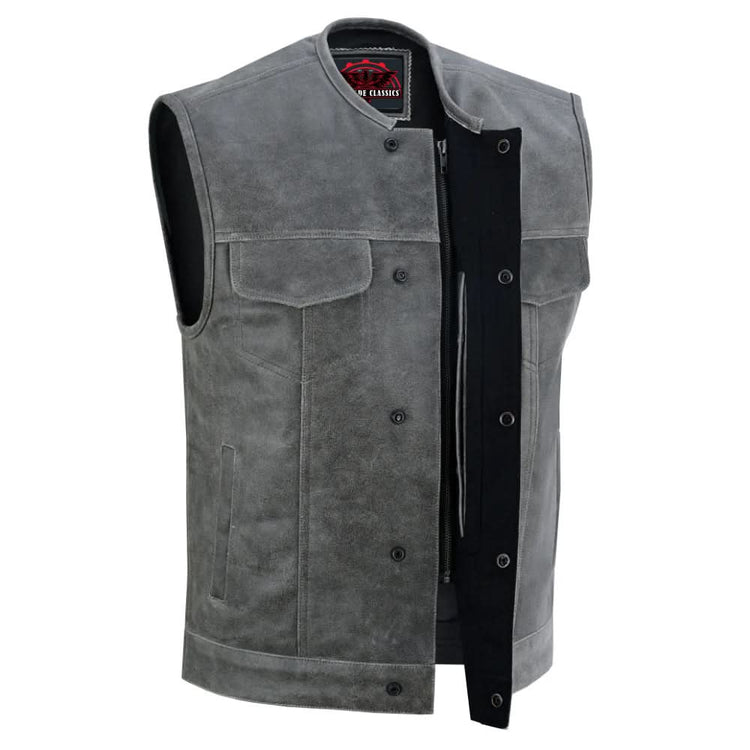 Men's Distressed Gray Cowhide Leather  Motorcycle Vest