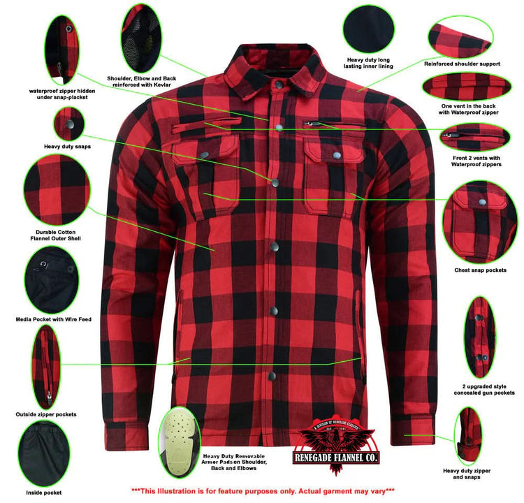 Alpha Check Men's  Armored Motorcycle Flannel Shirt - Red/Black