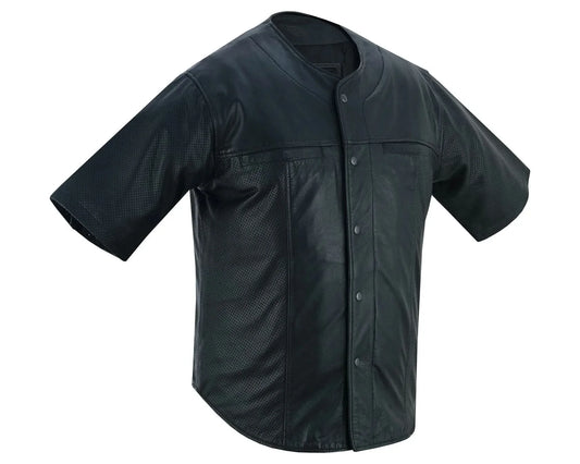 Men's  Leather Baseball Motorcycle Shirt - Black