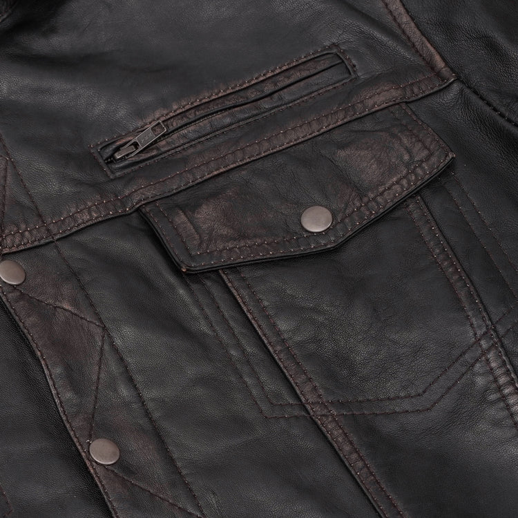Men's Black Lightweight Drum Dyed  Distressed Lambskin Jacket with Removable Hoodie