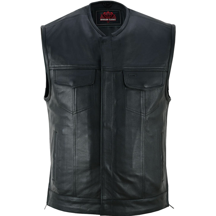 Men's Black Leather Motorcycle Vest with Upgraded Style