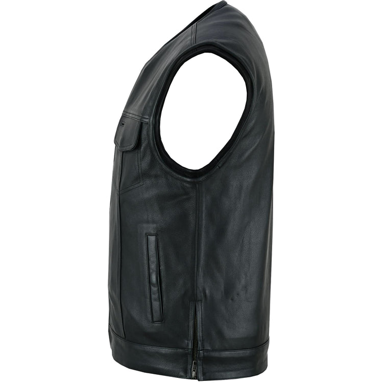 Men's Black Leather Motorcycle Vest with Upgraded Style
