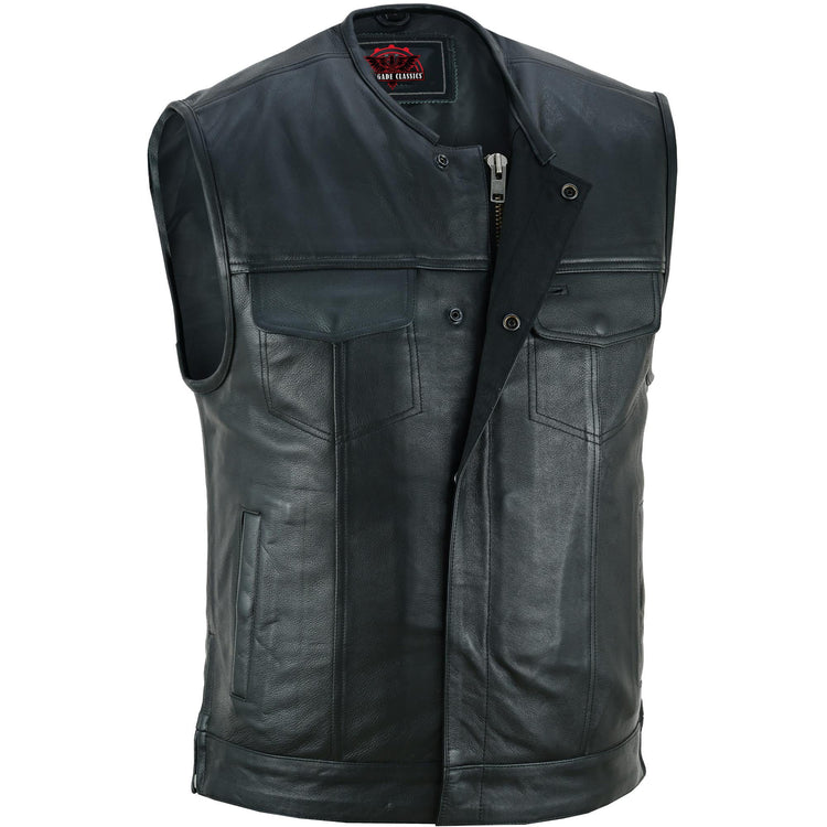Men's Black Leather Motorcycle Vest with Upgraded Style
