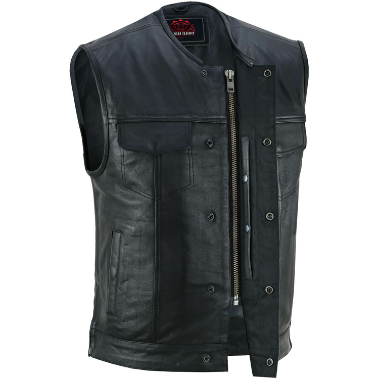 Men's Black Leather Motorcycle Vest with Upgraded Style