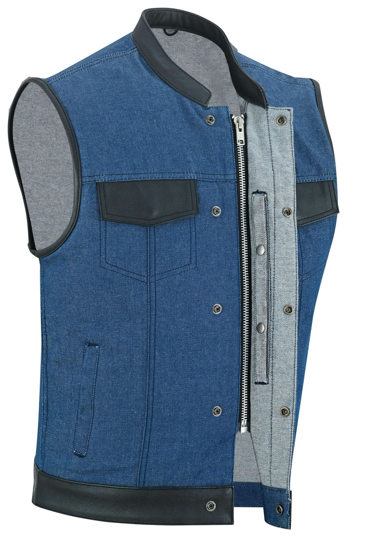 Men's Upgraded Broken Blue Denim Motorcycle Vest w/Leather Trimming