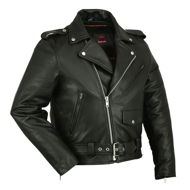 Men's Classic Plain Side Police Style Motorcycle Jacket - Black