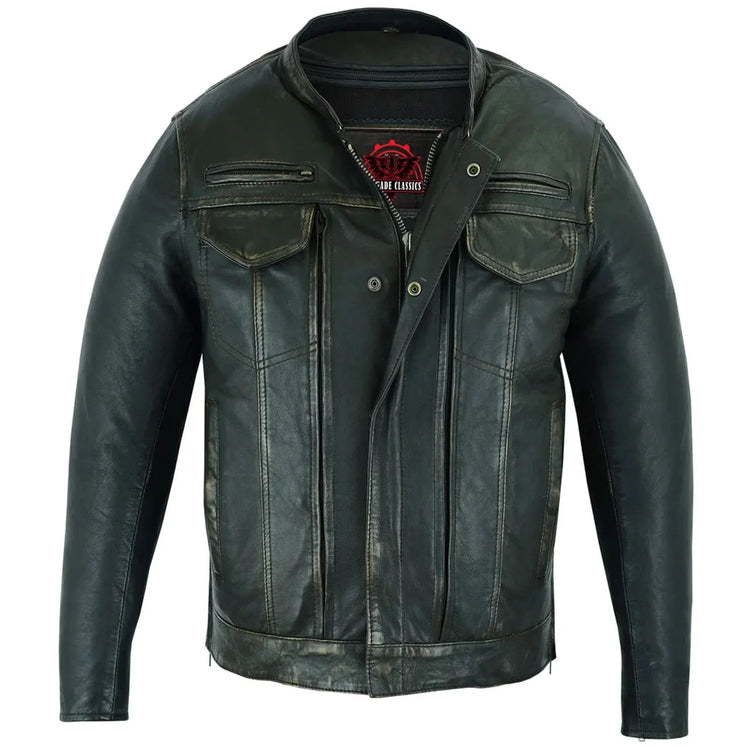 Men's Modern Utility Style Jacket in Lightweight Drum Dyed Distressed Naked Lambskin