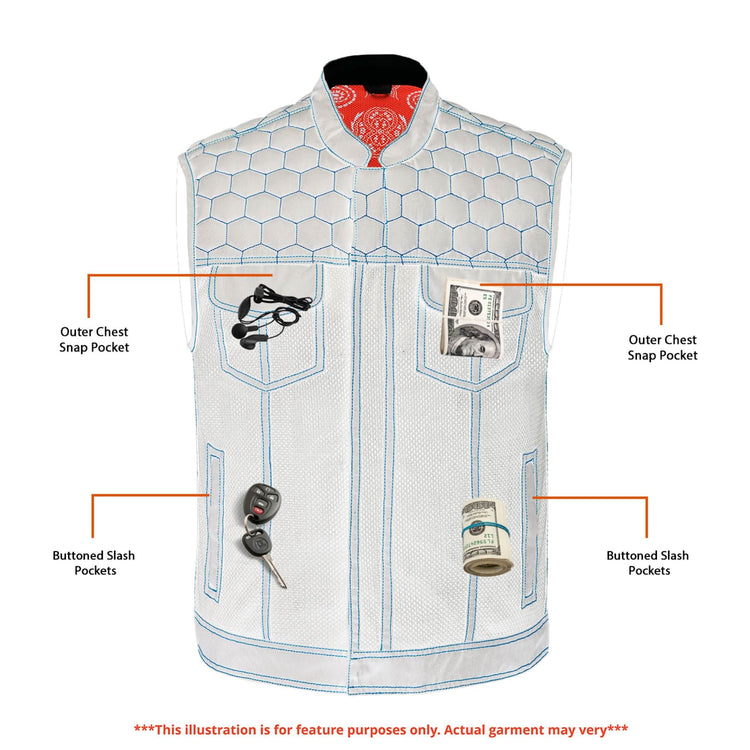 Night Tiger Men's Black Mesh Textile Vest with Orange Diamond Stitch