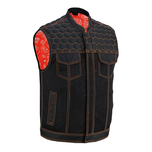 Night Tiger Men's Black Mesh Textile Vest with Orange Diamond Stitch