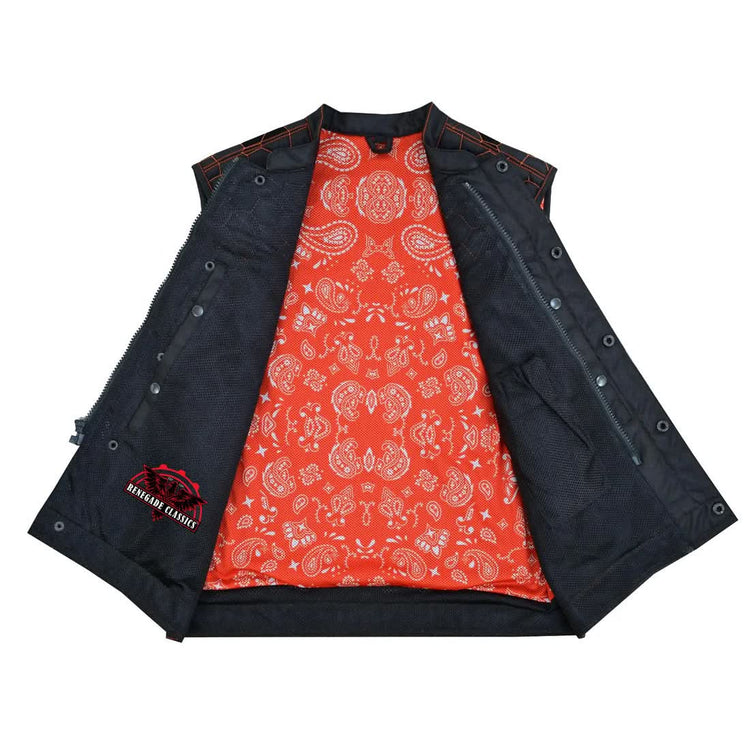 Night Tiger Men's Black Mesh Textile Vest with Orange Diamond Stitch