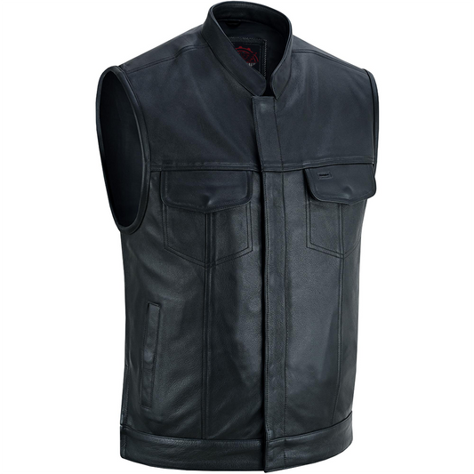 Highway Jack Men's Black Leather Motorcycle Vest Scoop Neck & Snap-Closure Pockets